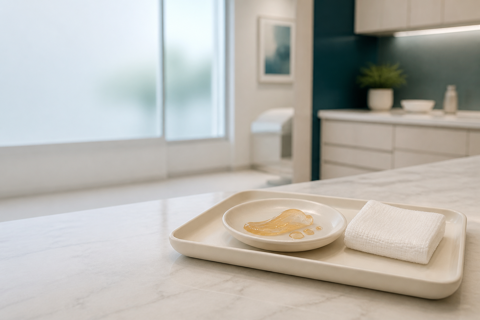 Amber gel and droplets on an ivory marble surface beside clean gauze