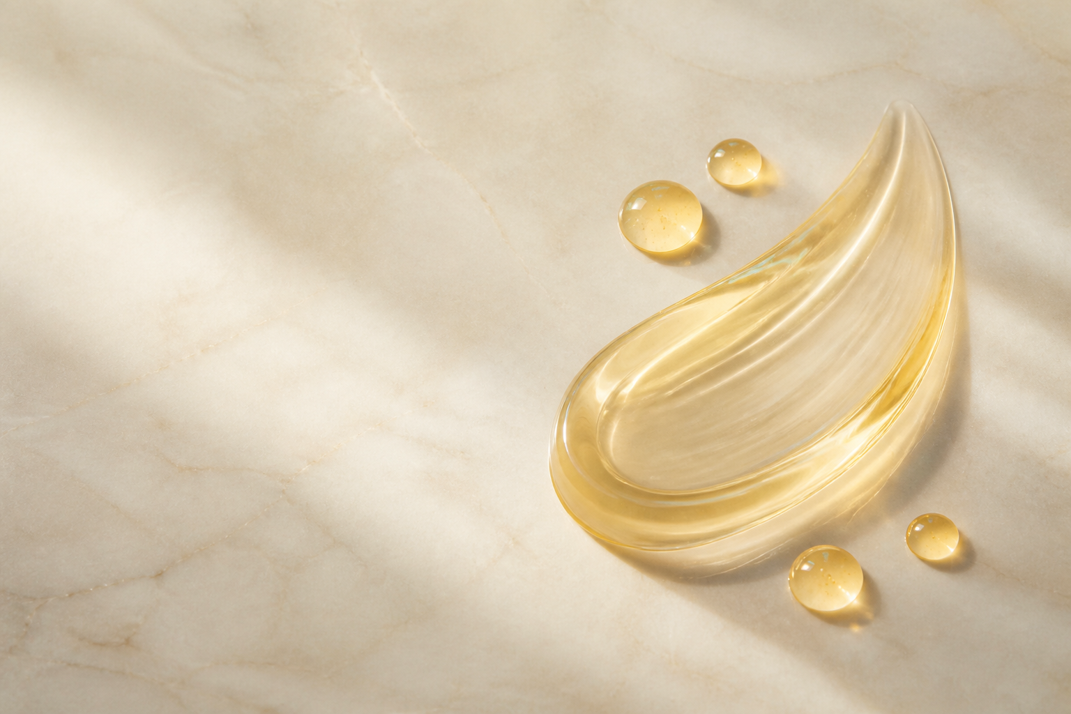 Translucent golden gel and droplets on warm ivory marble